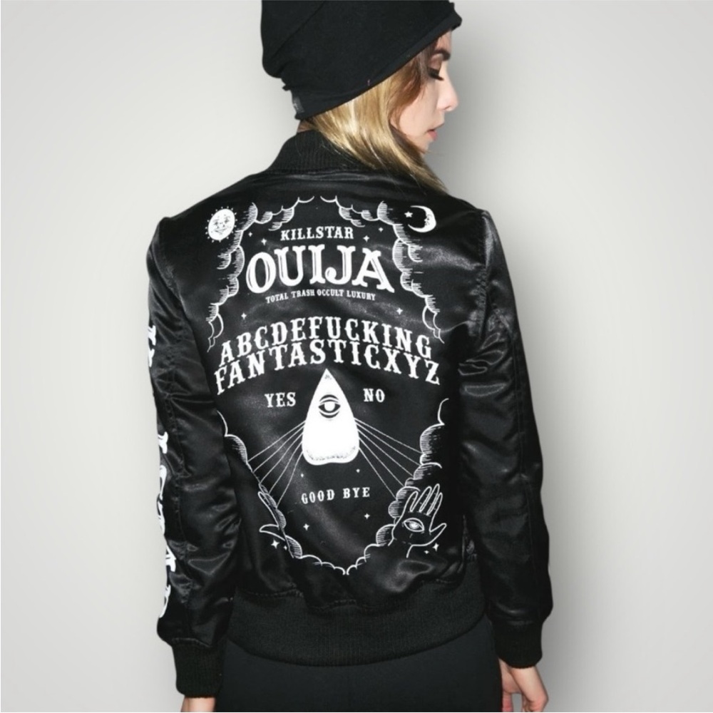 Dolls Kill Ouija Black Satin Varsity/Bomber Jacket
